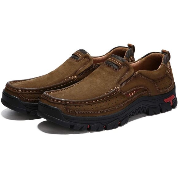 Men's Khaki Slip-on Hiking Shoes Leather Casual Outdoor Walking Sneaker - Picture 4 of 8